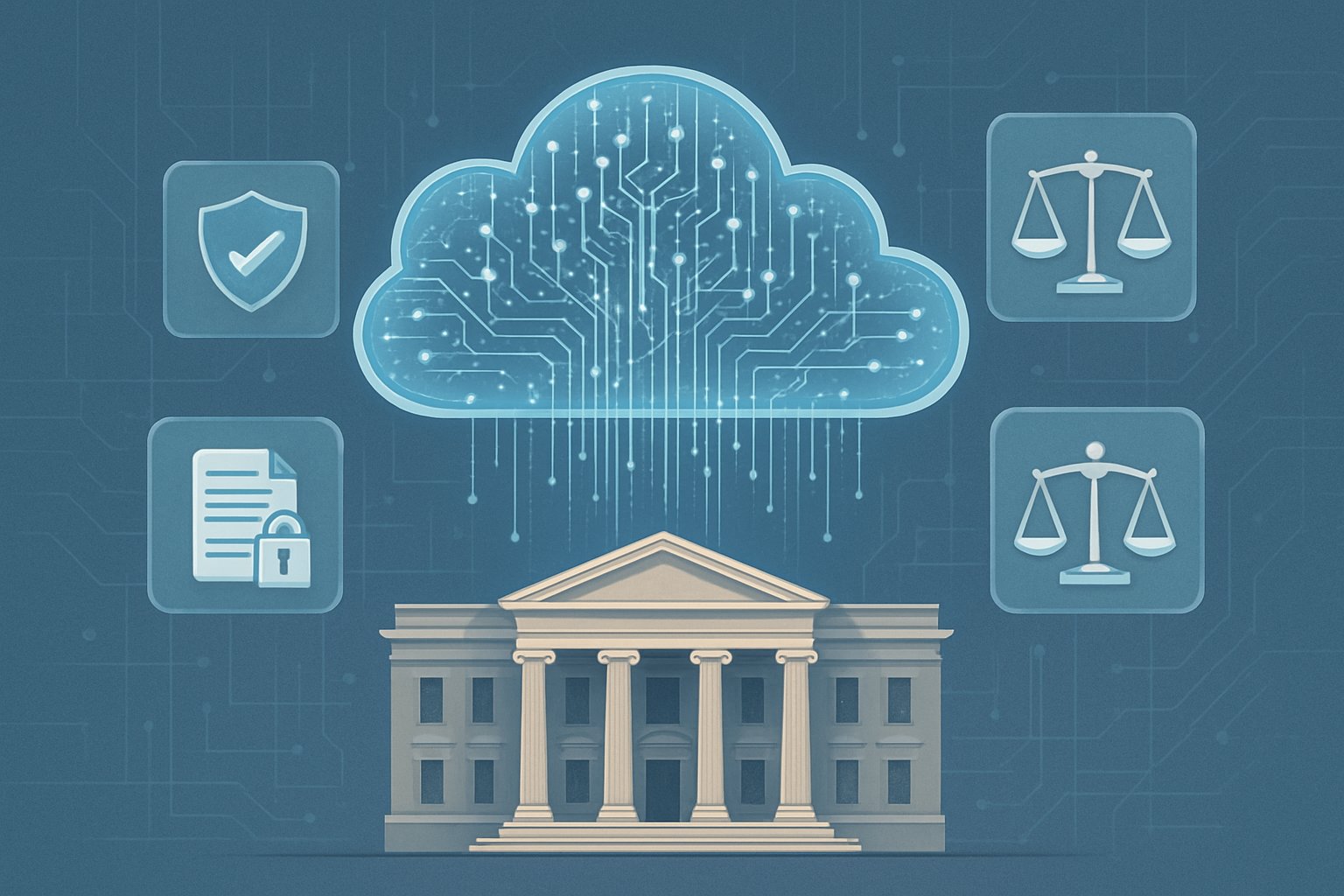 En illustration som visar en digital molntjänst ovanför en offentlig byggnad, med symboler för säkerhet och lagstiftning runt omkring.